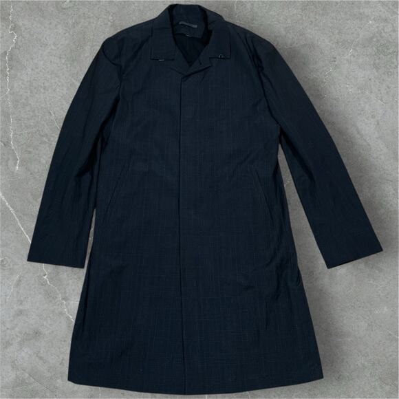 John Varvatos 54 Wool Overcoat Made in Italy Navy Plaid Long Topcoat 44R - Picture 1 of 16